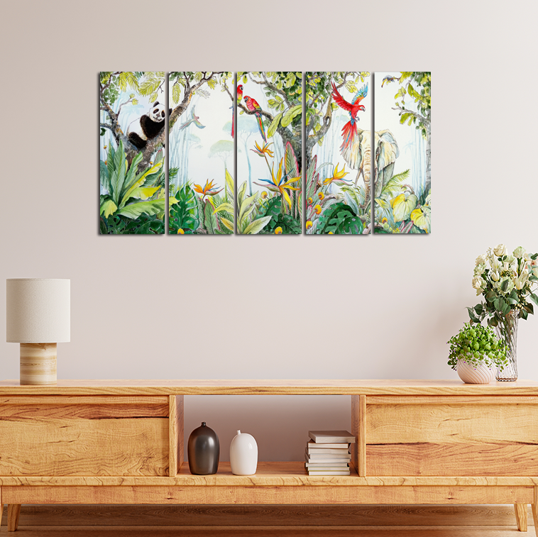Animals & Bird In Forest Canvas Wall Painting - With 5 Panel