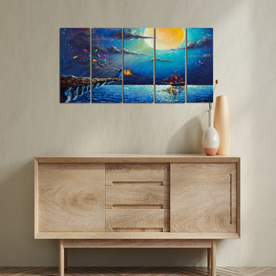 Boat & Girl Artistic Night Scenery Canvas Wall Painting - With 5 Panel