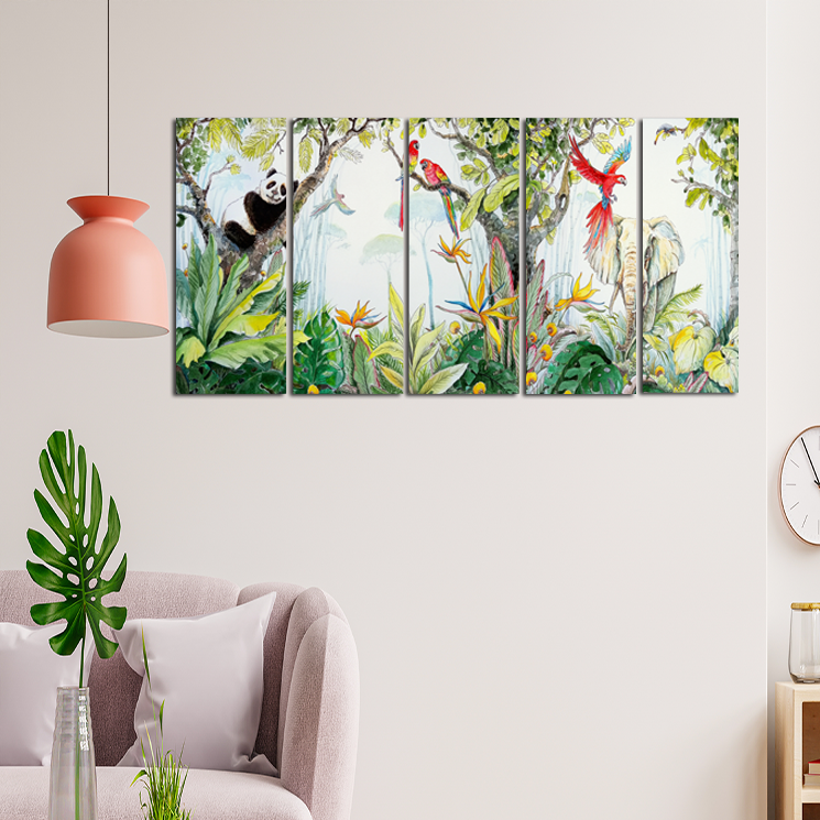 Animals & Bird In Forest Canvas Wall Painting - With 5 Panel