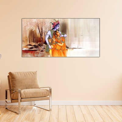 Artistic Radha Krishna Playing Flute Canvas Wall Painting