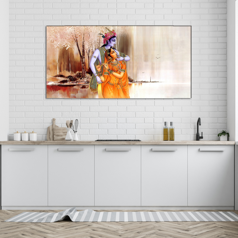 Artistic Radha Krishna Playing Flute Canvas Wall Painting