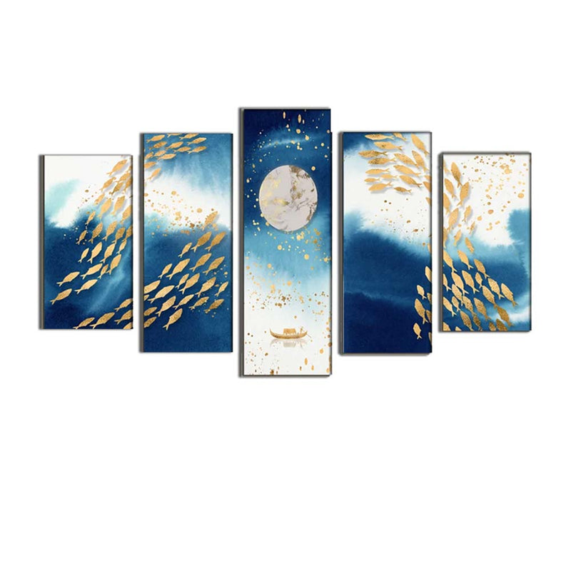 Looife Blue and Gold Fish Canvas Wall Painting- With 5 Frames