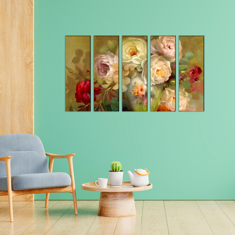 Oil Painting Roses Canvas Wall Painting- With 5 Frames