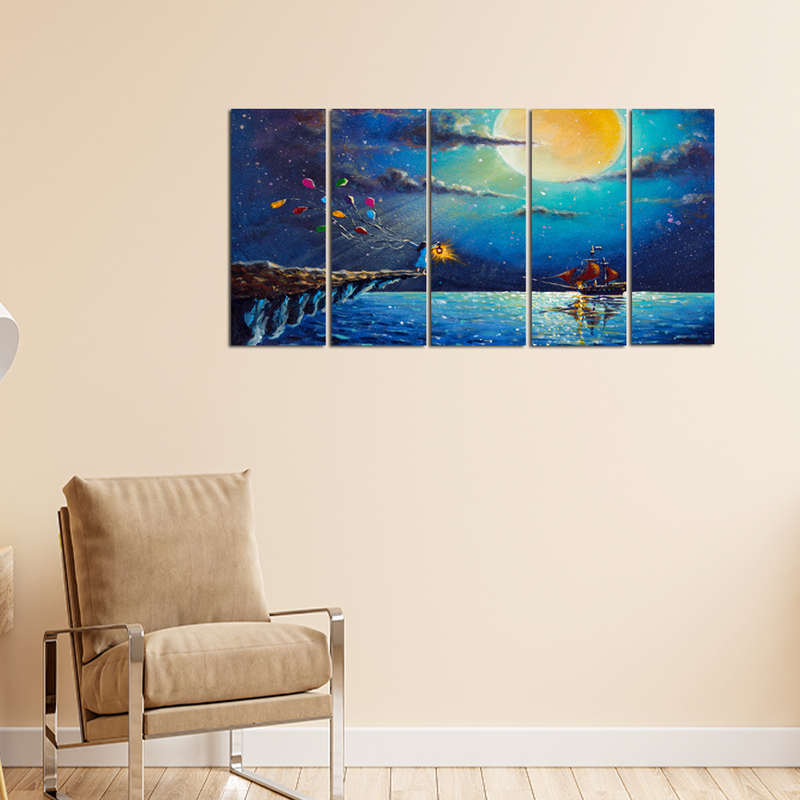 Boat & Girl Artistic Night Scenery Canvas Wall Painting - With 5 Panel