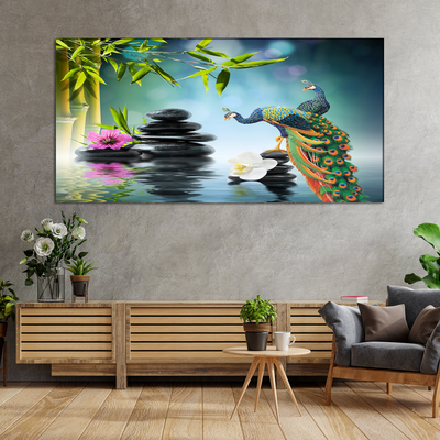 Beautiful Peacock & Water Scenery Canvas Wall Painting