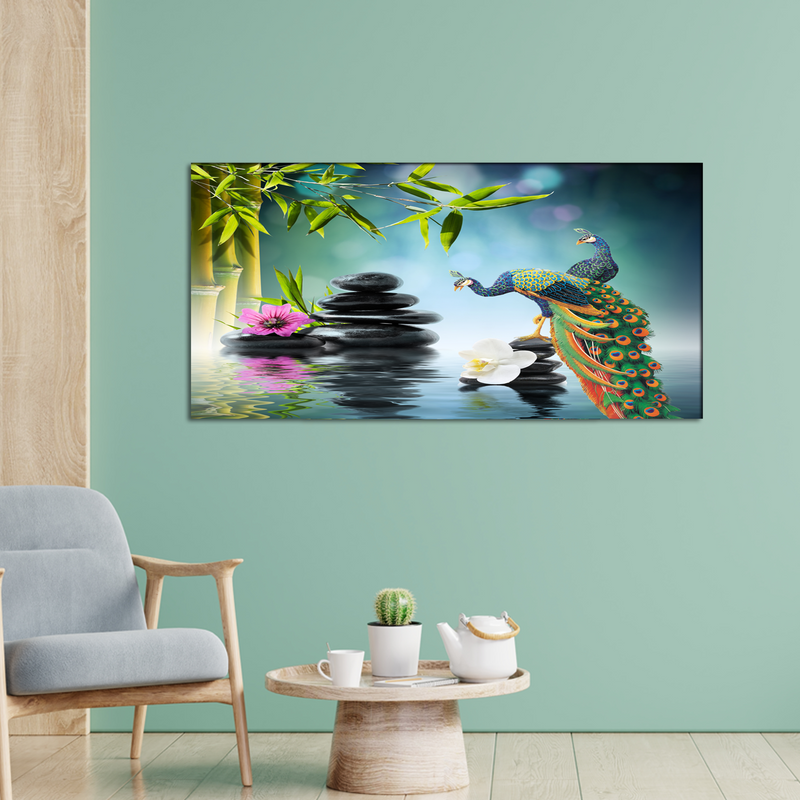 Beautiful Peacock & Water Scenery Canvas Wall Painting