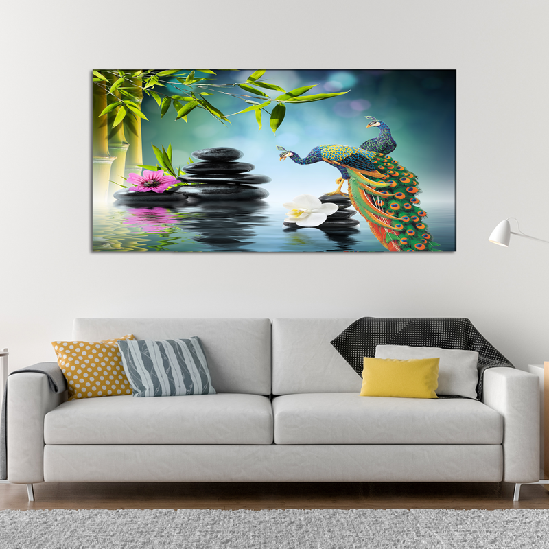 Beautiful Peacock & Water Scenery Canvas Wall Painting