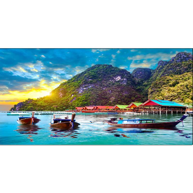 Beautiful Mountain & Boat Sunset Scenery Canvas Wall Painting