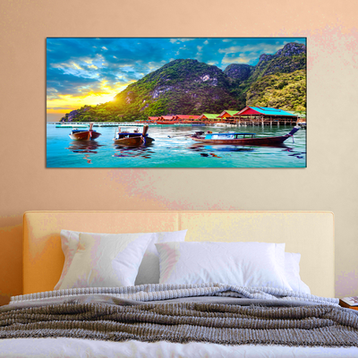 Beautiful Mountain & Boat Sunset Scenery Canvas Wall Painting