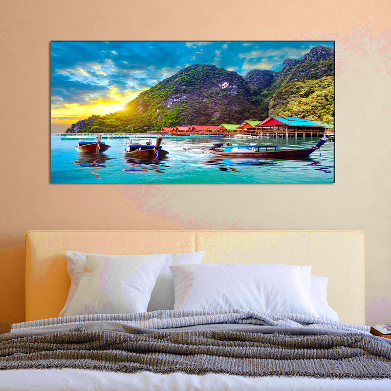 Beautiful Mountain & Boat Sunset Scenery Canvas Wall Painting