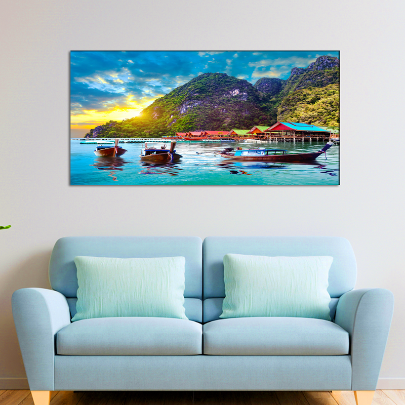 Beautiful Mountain & Boat Sunset Scenery Canvas Wall Painting