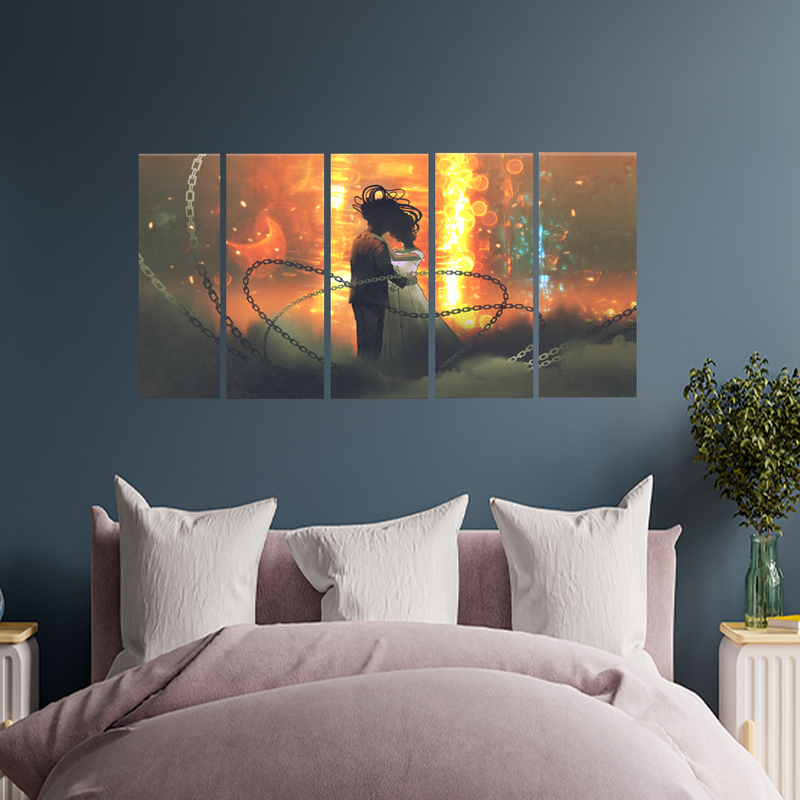 Couple In Fire Background Canvas Wall Painting - With 5 Panel