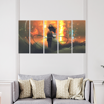 Couple In Fire Background Canvas Wall Painting - With 5 Panel