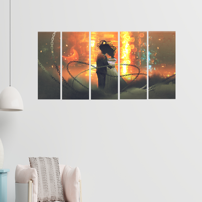 Couple In Fire Background Canvas Wall Painting - With 5 Panel