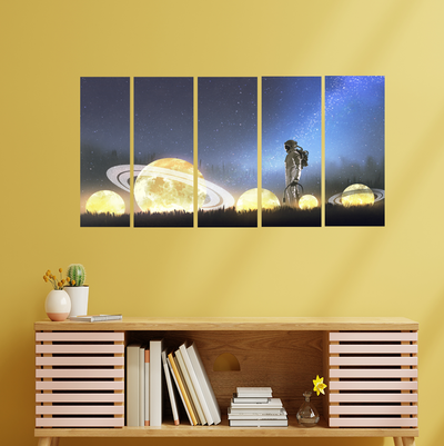 Astronaut and Space Canvas Wall Painting - With 5 Panel