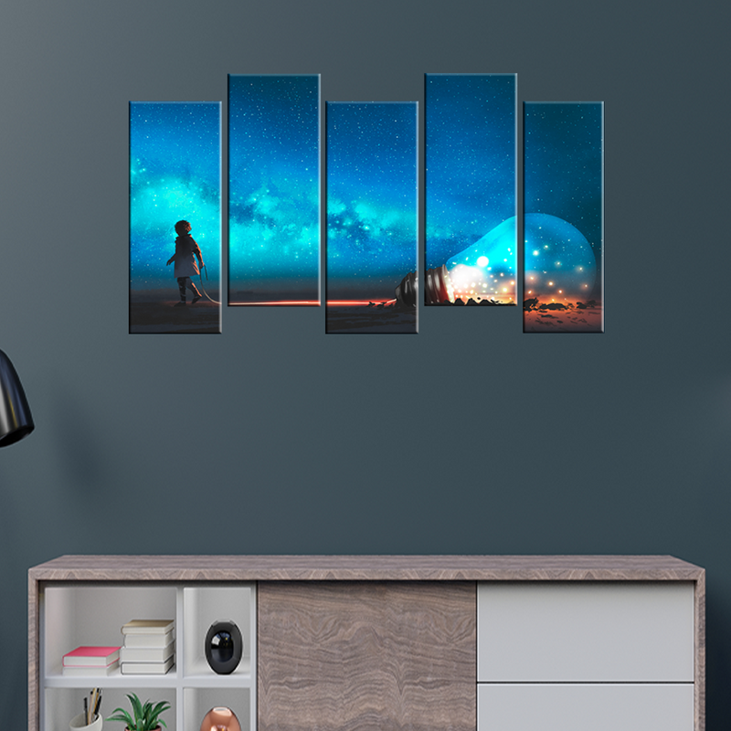 Boy Pulled The Big Bulb Canvas Panel Wall Painting - 5 Frames