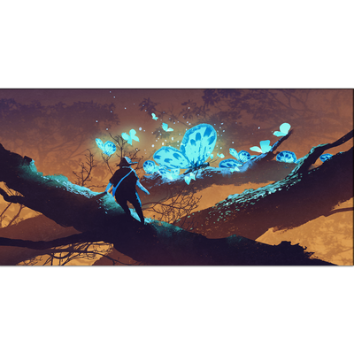 Man Looking at Blue Butterflies Canvas Wall Painting