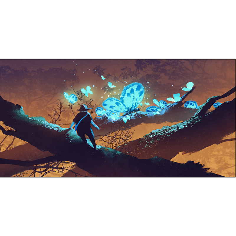 Man Looking at Blue Butterflies Canvas Wall Painting