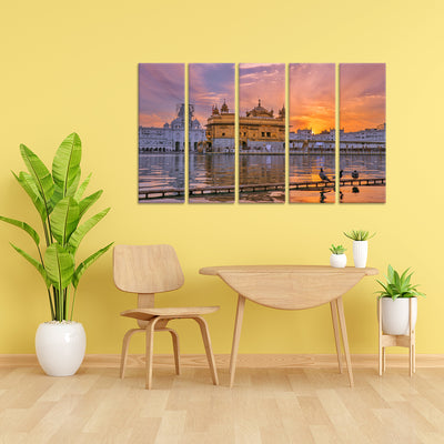 Golden Temple Sunset View Canvas Wall Painting - With 5 Panel