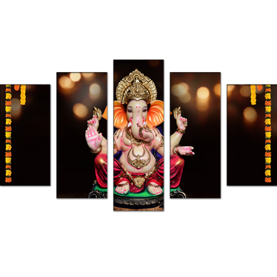 Ganpati Bappa Wood Framed Canvas Wall Painting- With 5 Frames