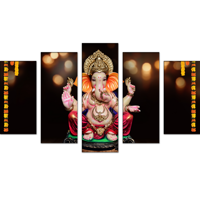 Ganpati Bappa Wood Framed Canvas Wall Painting- With 5 Frames