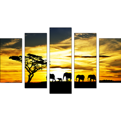 Beautiful View of Elephant Family Canvas Wall Painting- With 5 Frames