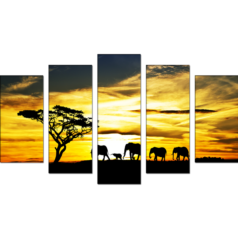 Beautiful View of Elephant Family Canvas Wall Painting- With 5 Frames