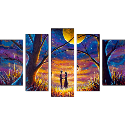 Couple In Forest At Night Under Moon Canvas Wall Painting- With 5 Frames