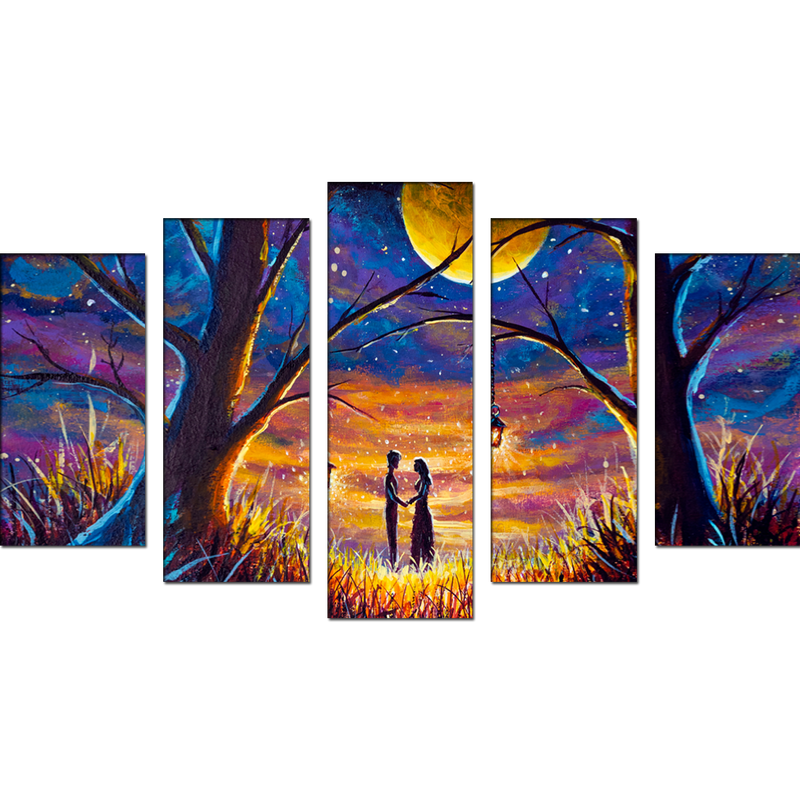 Couple In Forest At Night Under Moon Canvas Wall Painting- With 5 Frames
