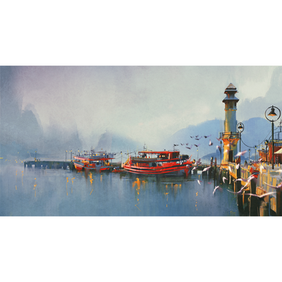 Fishing Boats In Harbor Digitally Printed Wallpaper