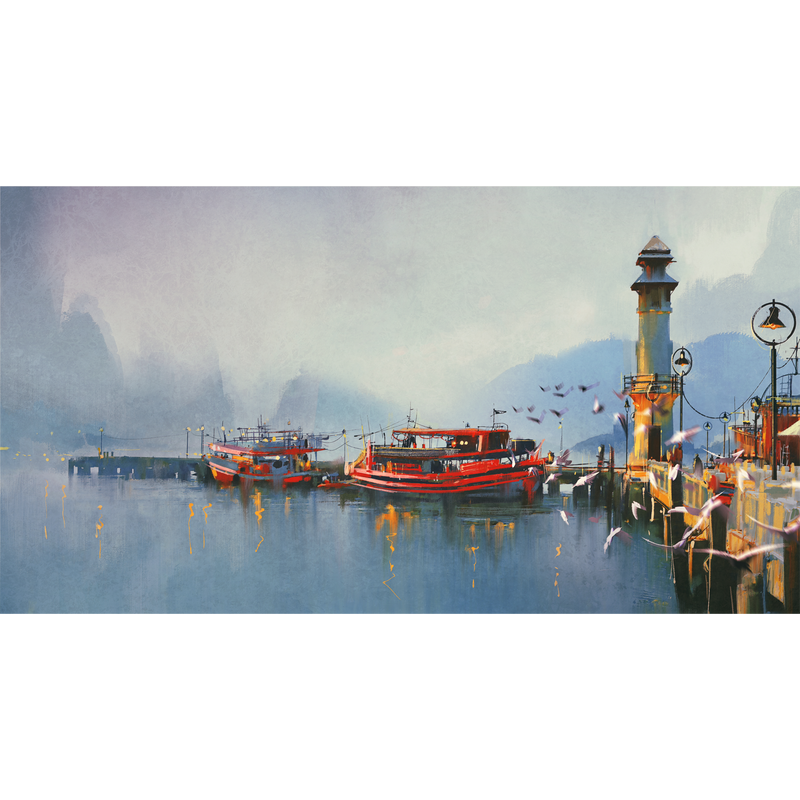 Fishing Boats In Harbor Digitally Printed Wallpaper