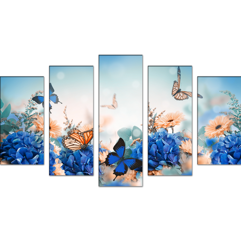 Blue Butterfly With Flower Wood Framed Canvas Wall Painting- With 5 Frames