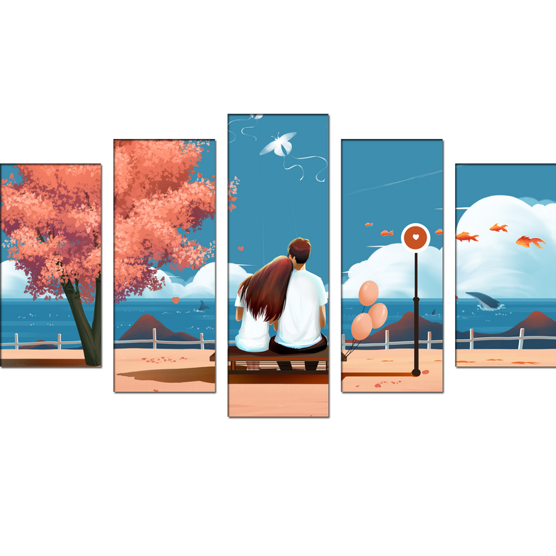 Love Couple Seating On Sea Side Illustration Canvas Wall Painting- With 5 Frames