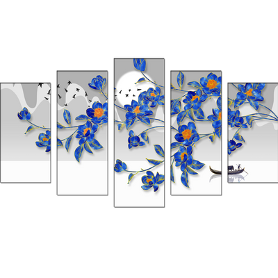 Blue Flowers & Flying Birds Canvas Wall Painting- With 5 Frames