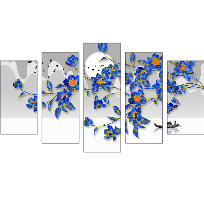 Blue Flowers & Flying Birds Canvas Wall Painting- With 5 Frames