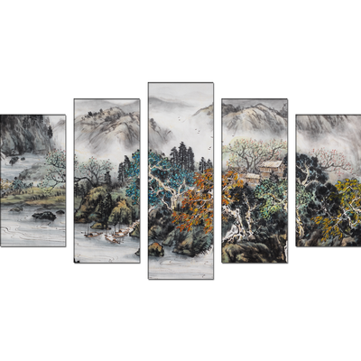Mountain And Water Abstract Art Canvas Wall Painting- With 5 Frames