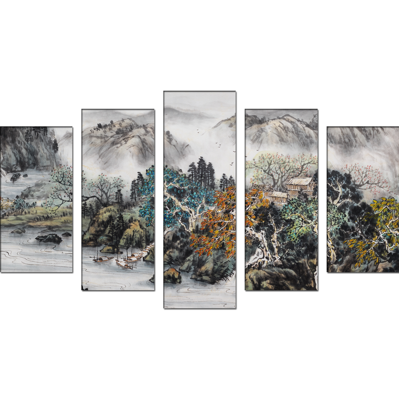 Mountain And Water Abstract Art Canvas Wall Painting- With 5 Frames