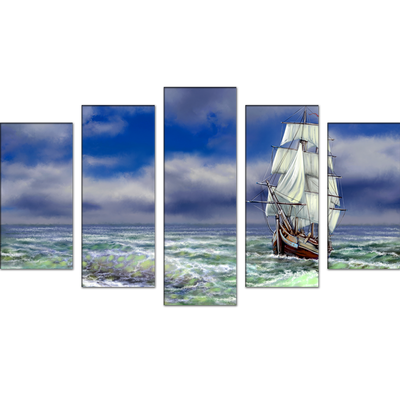Old Ship On The Sea Canvas Wall Painting- With 5 Frames