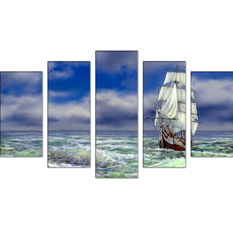 Old Ship On The Sea Canvas Wall Painting- With 5 Frames