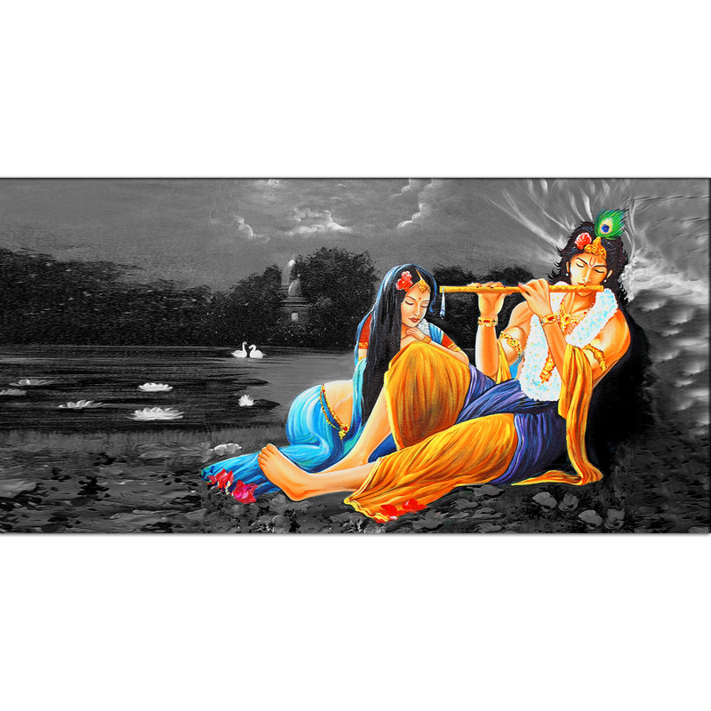 Krishna And Radha In Gray Background Canvas Wall Painting