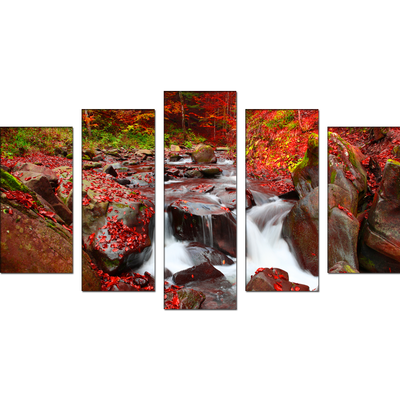 Autumn Waterfall Scenery Canvas Wall Painting- With 5 Frames
