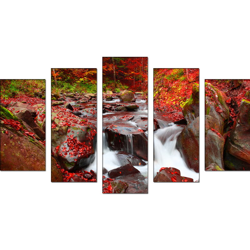 Autumn Waterfall Scenery Canvas Wall Painting- With 5 Frames