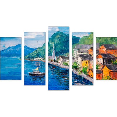 Mountains Near Blue Lake Artistic Scenery Canvas Wall Painting- With 5 Frames