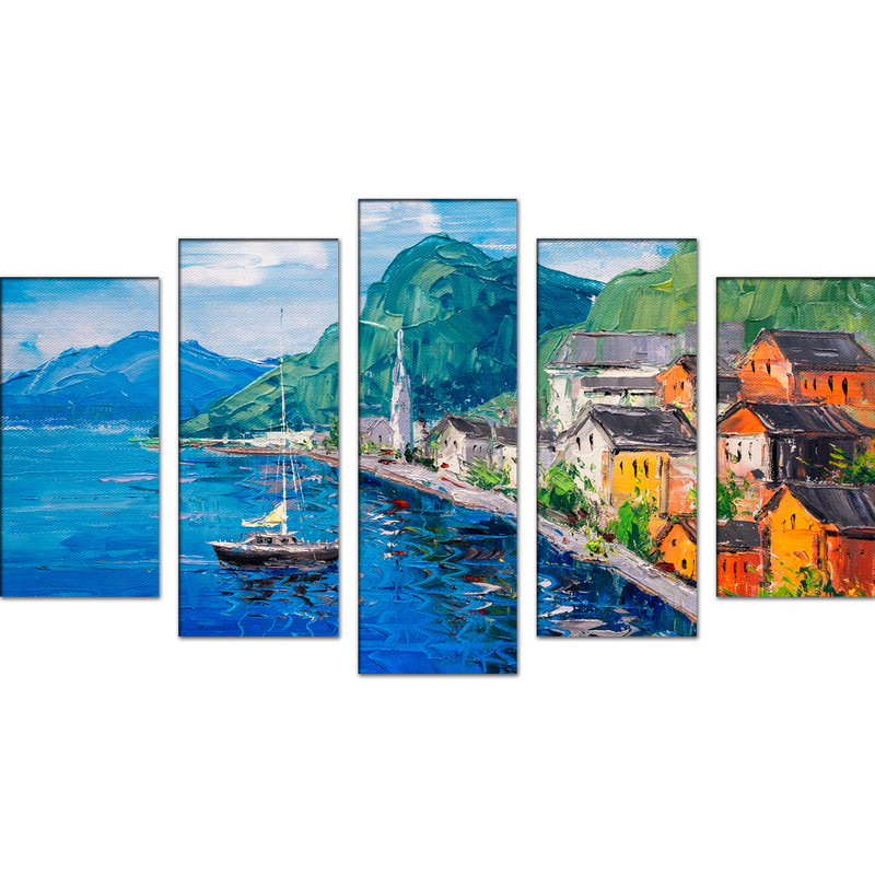 Mountains Near Blue Lake Artistic Scenery Canvas Wall Painting- With 5 Frames