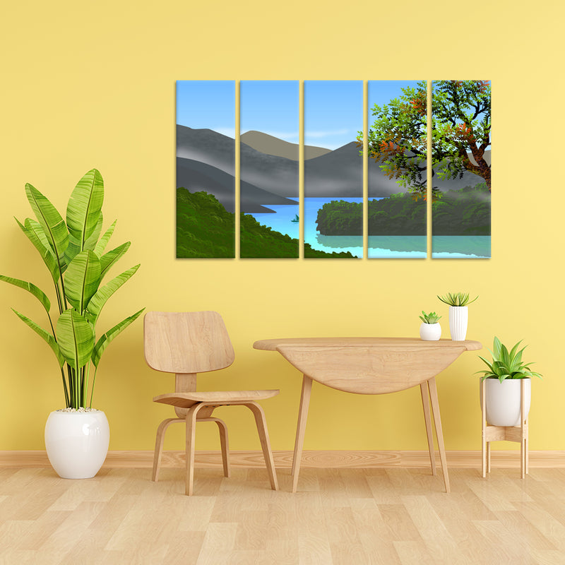 Mountain & River Scenery Canvas Wall Painting - With 5 Panel