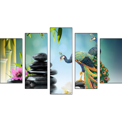 Beautiful Peacock & Water Canvas Wall Painting- With 5 Frames