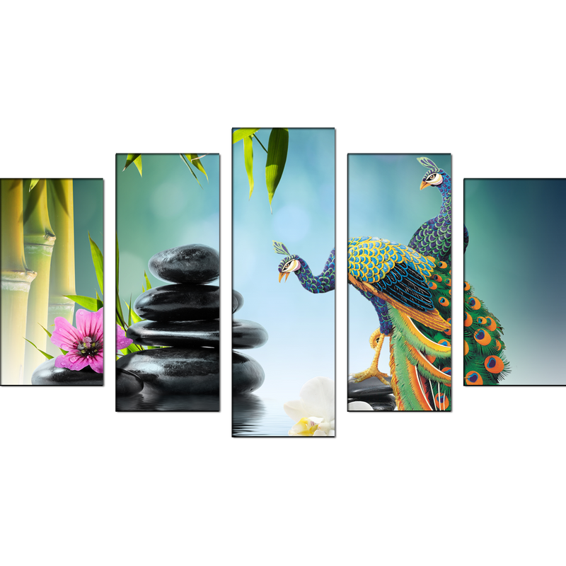 Beautiful Peacock & Water Canvas Wall Painting- With 5 Frames