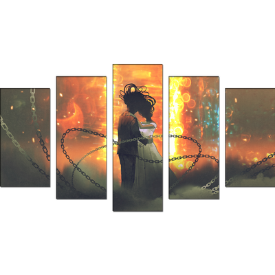 Couple In Fire Background Canvas Wall Painting- With 5 Frames
