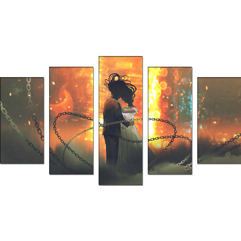 Couple In Fire Background Canvas Wall Painting- With 5 Frames