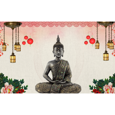 Buddha With Decorative Background Digitally Printed Wallpaper